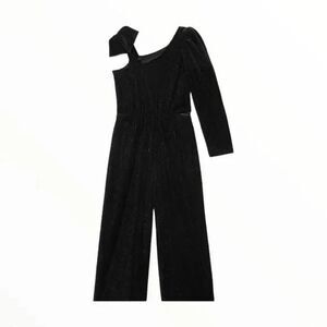 Zara Girl's One Piece Black Velvet Jumpsuit Size 10 Metallic Silver Stripes